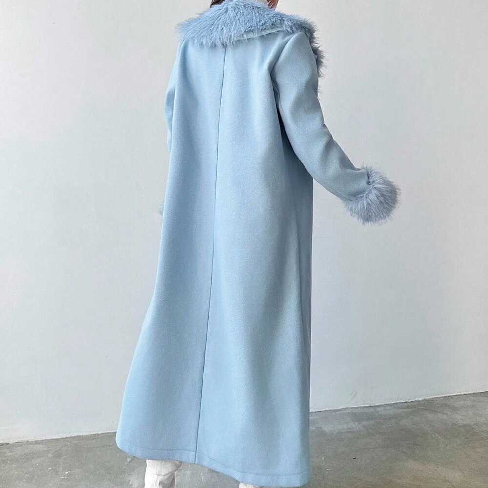 Baby Blue Elegant Women's Mid-Length Coat with Fur Collar - Picture 2 of 10